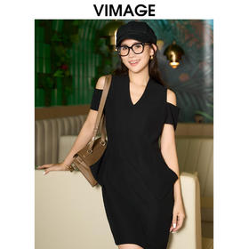 转款下架-VIMAGE纬漫纪夏季新款V领时尚OL漏肩通勤气质修身显瘦连衣裙V2107761