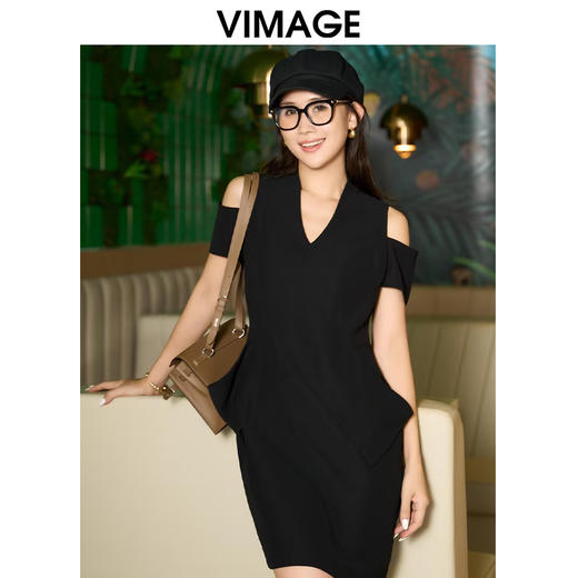 转款下架-VIMAGE纬漫纪夏季新款V领时尚OL漏肩通勤气质修身显瘦连衣裙V2107761 商品图0