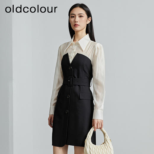 oldcolour秋季新款拼接假两件是时尚通勤长袖连衣裙女P331006A1 商品图4