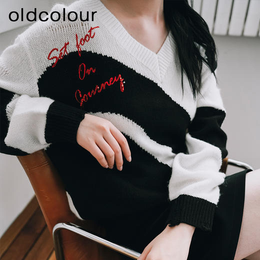 oldcolour撞色针织衫春秋新品气质百搭宽松V领长袖上衣女P11052121 商品图4