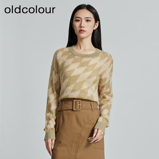 oldcolour秋季新款时尚圆领菱形格图案针织毛织套头衫女P330510A1 商品图4