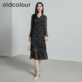 oldcolour秋季新款设计感显瘦时尚V领碎花长袖连衣裙女P321009A1