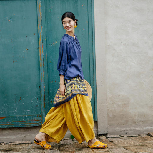 绽放365+018【甜茶系列·牛角包】干洗亚麻拼接线条设计感休闲灯笼裤 商品图2