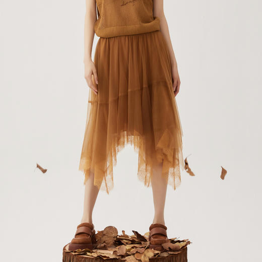 谜底网纱半身裙2024秋季新品优雅浪漫不规则下摆中长裙243MB1116 商品图0