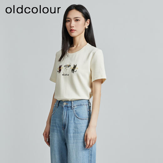 oldcolour秋季新款趣味猫咪刺绣设计感圆领短袖T恤女P310202A1 商品图1