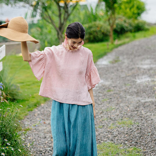 绽放374【甜茶系列·杏仁拿铁】高支砂洗亚麻风琴褶荷叶短袖衬衫 商品图1