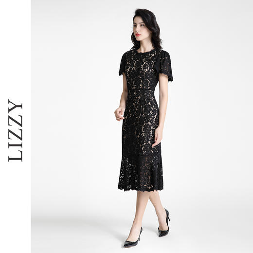 LIZZY 法式优雅古典鱼尾荷叶袖假透肤收腰长款连衣裙7617 商品图2