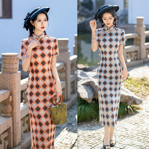 SKY文艺格子长款短袖旗袍2024夏季新款复古国风年轻少女旗袍裙 商品图3