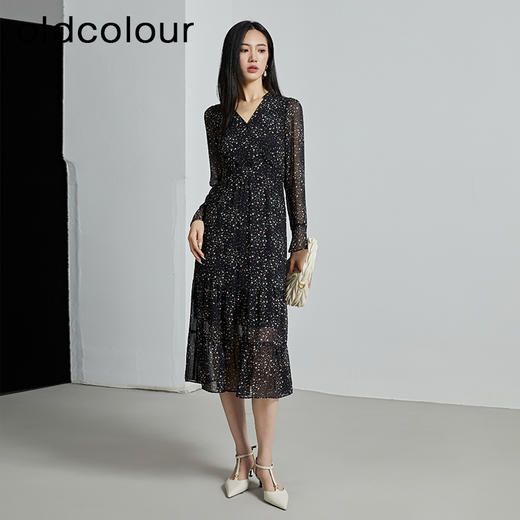 oldcolour秋季新款设计感显瘦时尚V领碎花长袖连衣裙女P321009A1 商品图2