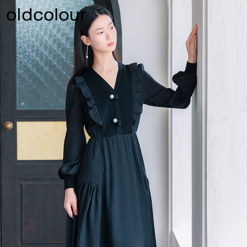 oldcolour秋季新款通勤时尚显瘦复古假两件衬衫连衣裙女P381004A1