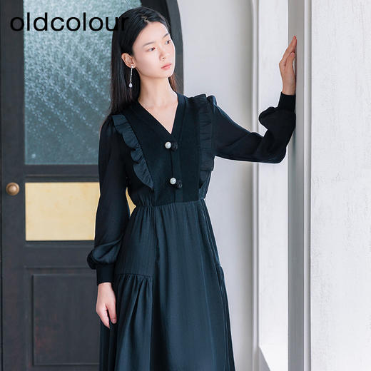 oldcolour秋季新款通勤时尚显瘦复古假两件衬衫连衣裙女P381004A1 商品图0
