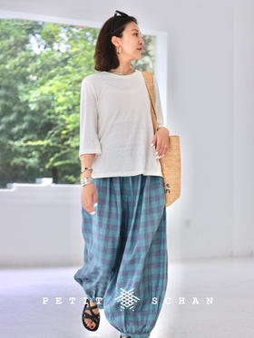 童话镇 亚麻松紧腰色织格纹灯笼裤