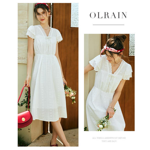 欧芮儿法式米白色蕾丝连衣裙女夏季2024新款收腰镂空刺绣小白裙 商品图1