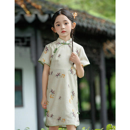 LSB绿色女童高端国风旗袍裙夏季2024新款古风小女孩儿童中国风演出服 商品图1