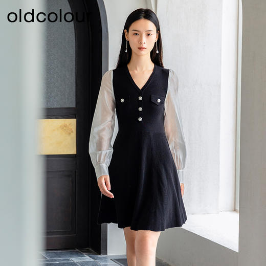 oldcolour秋季新款优雅气质拼接设计感修身显瘦连衣裙女P341006A1 商品图1