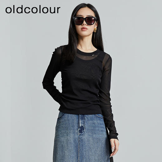 oldcolour秋季新款圆领长袖T恤女修身防晒纯色打底衫女P330201A1 商品图4