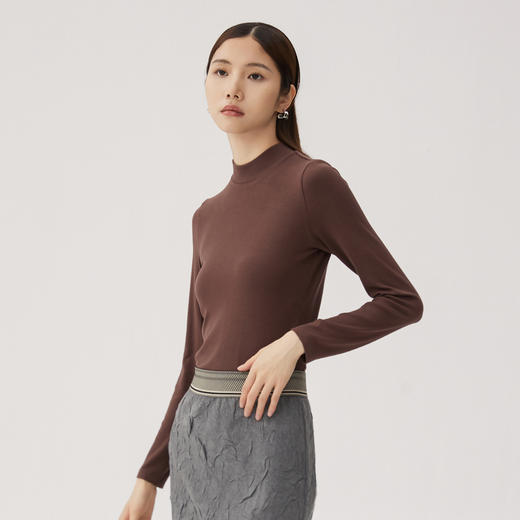 谜底半高领T恤长袖女士2024秋款极简风百搭纯色修身上衣243MT0967 商品图1