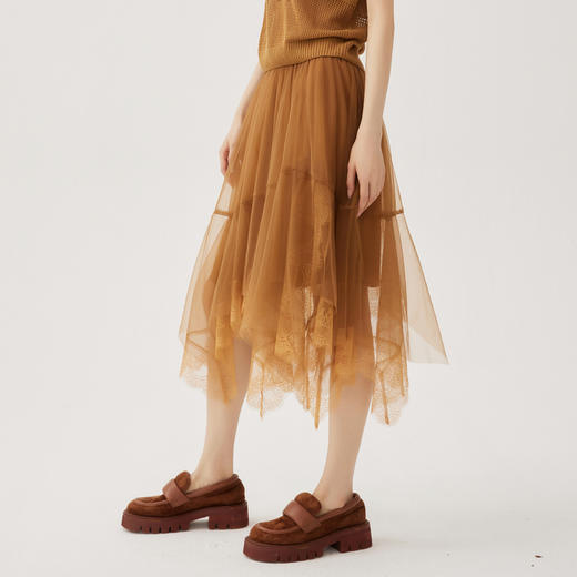 谜底网纱半身裙2024秋季新品优雅浪漫不规则下摆中长裙243MB1116 商品图1