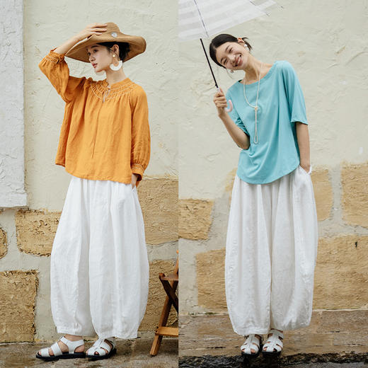 绽放365+018【甜茶系列·牛角包】干洗亚麻拼接线条设计感休闲灯笼裤 商品图3