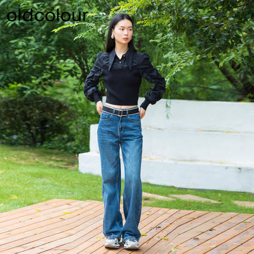 oldcolour秋季新款针织拼接衬衫女修身长袖套头上衣女P340509A1 商品图1