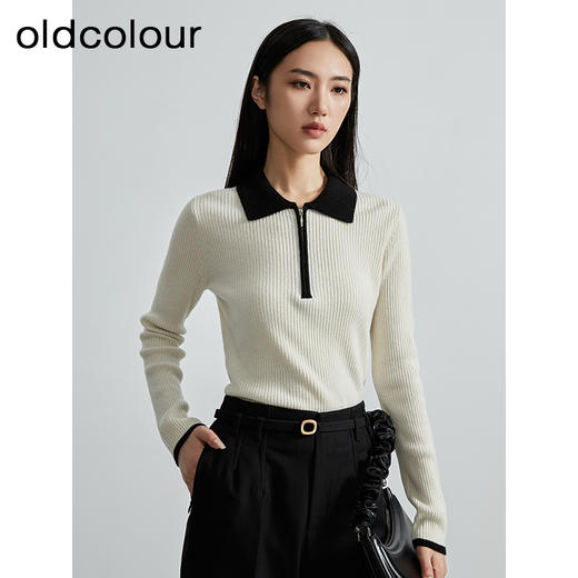 oldcolour秋季新款Polo领黑白拼接针织衫女翻领套头衫P340519A1 商品图4