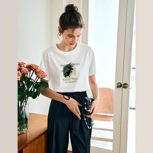 OLrain欧芮儿法式白色短袖T恤女夏2024新款钉珠印花圆领正肩上衣 商品图1