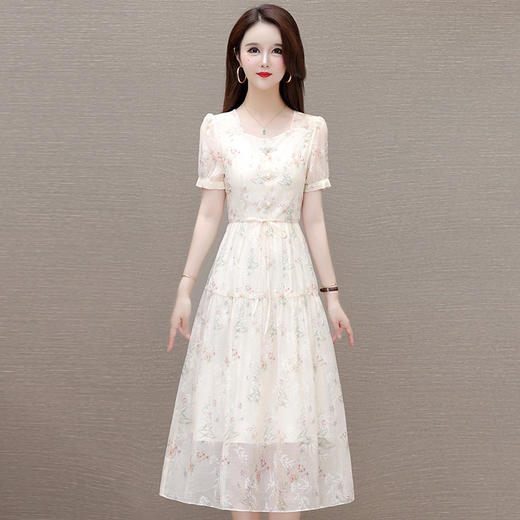 碎花雪纺短袖连衣裙，系带收腰裙短袖中长裙QYM-LRX-NF888-1-Y 商品图0