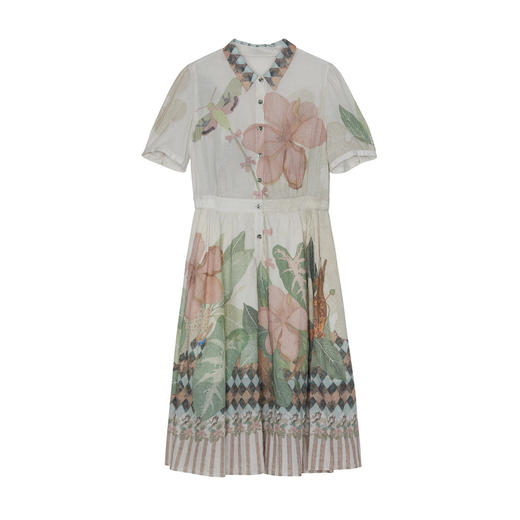 谜底国风印花连衣裙短袖女2024秋款复古浪漫收腰衬衫裙243ML1117 商品图4