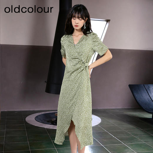 oldcolour碎花连衣裙夏新款V领气质抽褶法式中长裙P25101520 商品图2