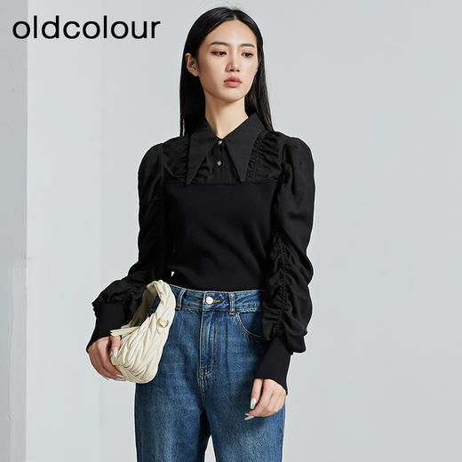 oldcolour秋季新款针织拼接衬衫女修身长袖套头上衣女P340509A1 商品图3