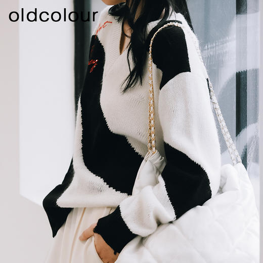 oldcolour撞色针织衫春秋新品气质百搭宽松V领长袖上衣女P11052121 商品图2