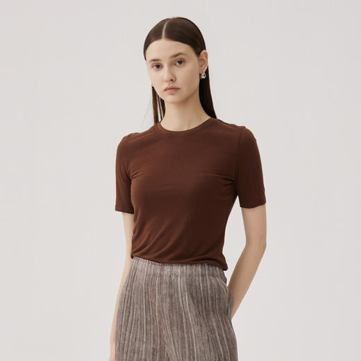 谜底修身T恤短袖女2024秋季新品百搭基础款纯色亲肤上衣243MT1065 商品图1