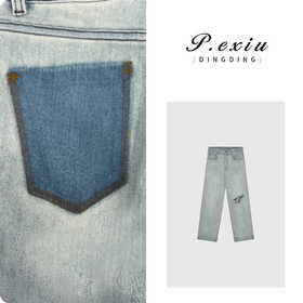 03-3潘依绣丁丁宠粉2PanYiXiu/潘依绣重工高阶水洗磨破毛边九分直筒牛仔裤 D6592