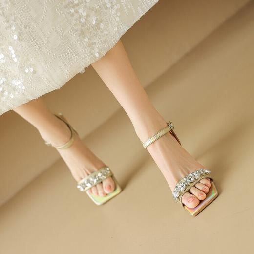 【预售5天】ins网红透明水晶跟一字带凉鞋，真皮方头露趾粗跟高跟鞋NDXC&6599 商品图2