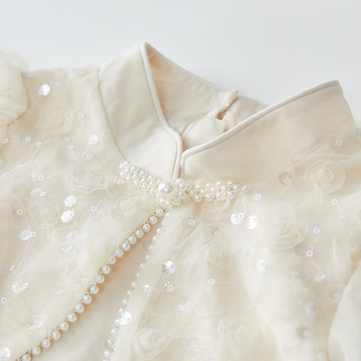 笛莎Deesha 连衣裙2024秋季新款中童淡雅米色亮片网纱新中式裙 商品图3