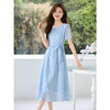 【专属特价】熙世界轻中式竹纹蓝色连衣裙2025夏新款气质收腰大方得体的裙子 商品缩略图4