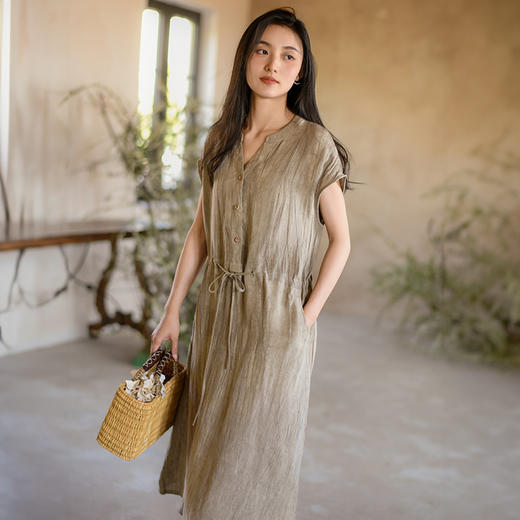 丁摩 新中式女装夏季短袖亚麻连衣裙女收腰显瘦高级感国风裙子4ZF-63002 商品图5