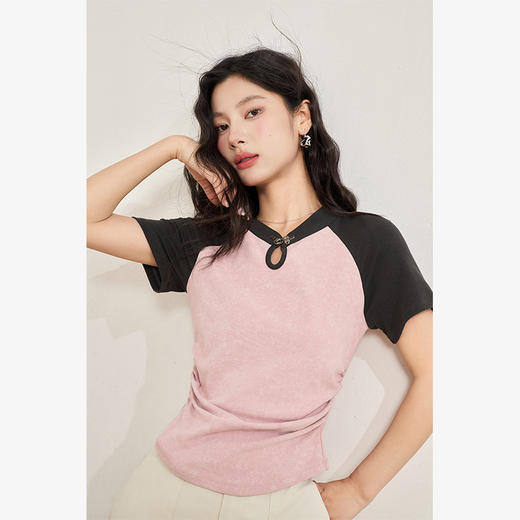西遇新中式立领插肩袖短袖女新款褶皱抽绳显瘦短款T恤10540180/V0050548 商品图2