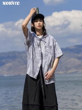 早乙女惠子saotome/STMCS242046/连帽肌理色织格纹短袖衬衫