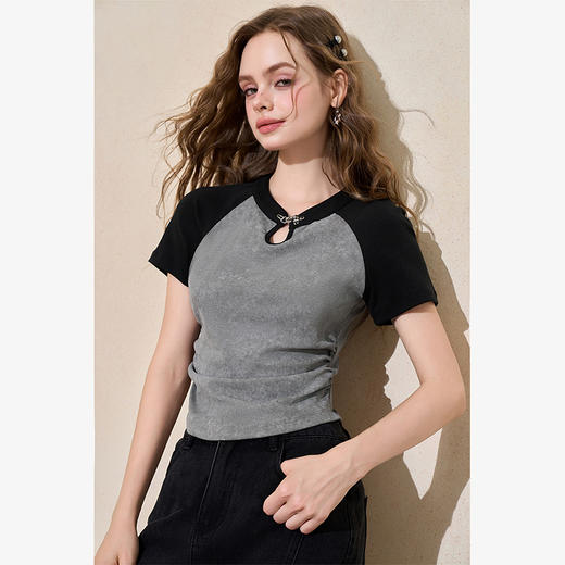 西遇新中式立领插肩袖短袖女新款褶皱抽绳显瘦短款T恤10540180/V0050548 商品图3