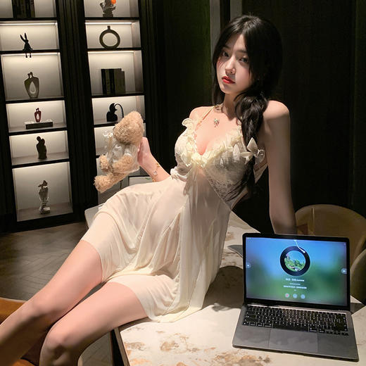 霏慕奶芙钓系深V透视睡裙6213  古风集胸汉服情趣内衣国风制服性感诱惑女士套装外出穿套装激情睡衣古风透视网纱火辣床上 奶芙钓系深V透视连衣裙 商品图10