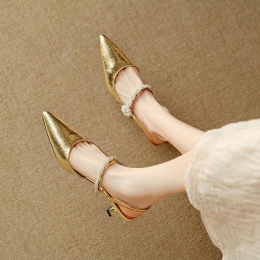 【预售5天】2024年新款夏季法式玛丽珍鞋小跟银色一字带尖头包头凉鞋DB&M5957 商品图1