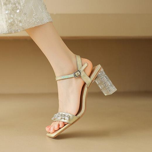 【预售5天】ins网红透明水晶跟一字带凉鞋，真皮方头露趾粗跟高跟鞋NDXC&6599 商品图3