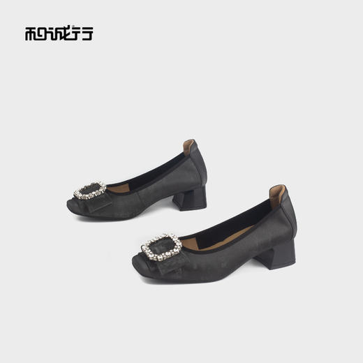 和诚行 2024秋冬新款真皮水钻粗跟方头女时尚休闲浅口单鞋2020009 商品图2