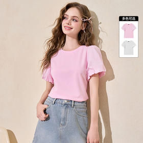 基础简约设计感拼接泡泡飞袖T恤女夏季圆领透气T恤V1541139