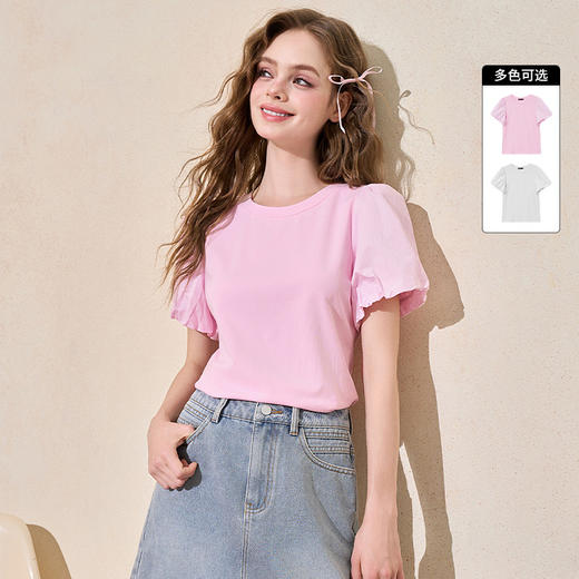 基础简约设计感拼接泡泡飞袖T恤女夏季圆领透气T恤V1541139 商品图0