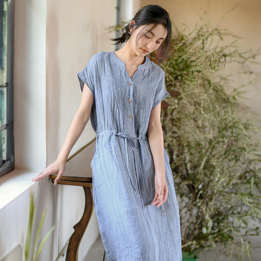 丁摩 新中式女装夏季短袖亚麻连衣裙女收腰显瘦高级感国风裙子4ZF-63002 商品图6