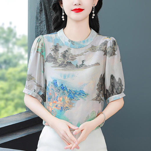 SMZ18516国风印花小衫女士夏季2024新款中老年妈妈宽松遮肚子套头休闲上衣 商品图2