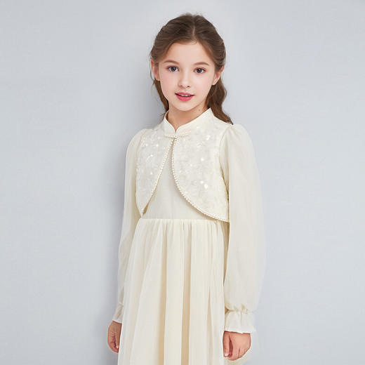 笛莎Deesha 连衣裙2024秋季新款中童淡雅米色亮片网纱新中式裙 商品图1