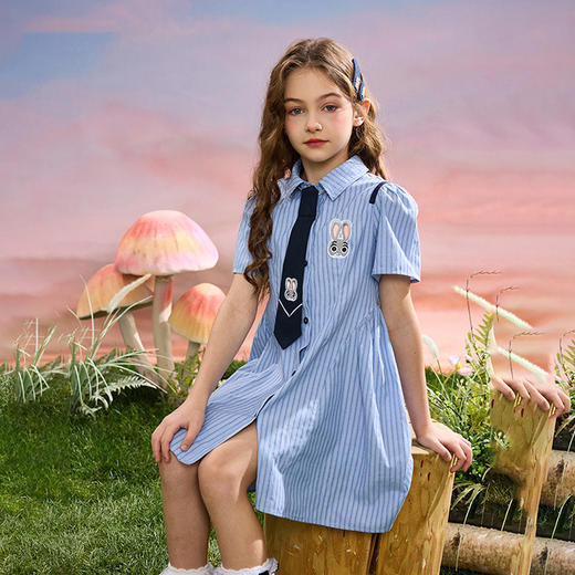 【woky 学院风蓝条纹连衣裙】灵动学院风儿童连衣裙 舒适透气 轻薄款适合夏天 商品图3
